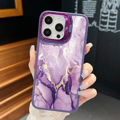 Cute Phone Cases For iPhone 16, 15 Pro Max, 14, 15 Plus, 13, 12 Pro Max, 11 - Lens Frame Holder - Purple Marble Printed Cover - PC6120 - Touchy Style