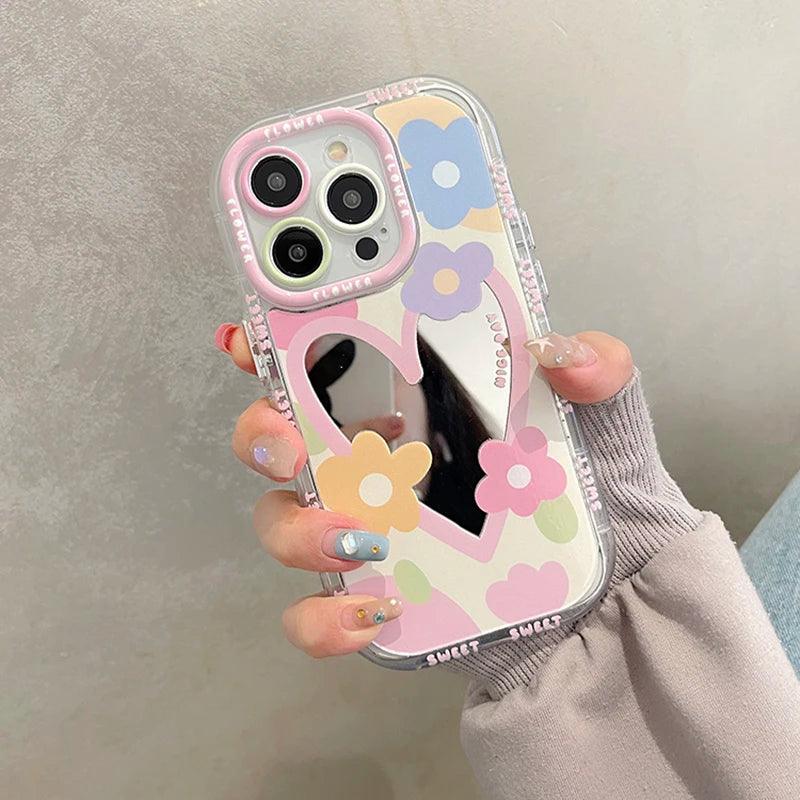 Cute Phone Cases for iPhone 14, 13, 12, 11, and 15 Pro Max - Sweet Flowers - Heart Mirror Cover - TSP55