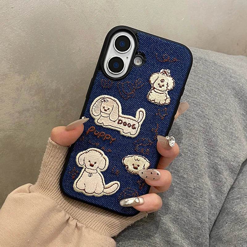 Cute Phone Cases For iPhone 16 Pro Max, 15, 13, 14, 12, 11 - Cartoon Embroidered Dog - Fabric Back Cover - PC9410 - Touchy Style