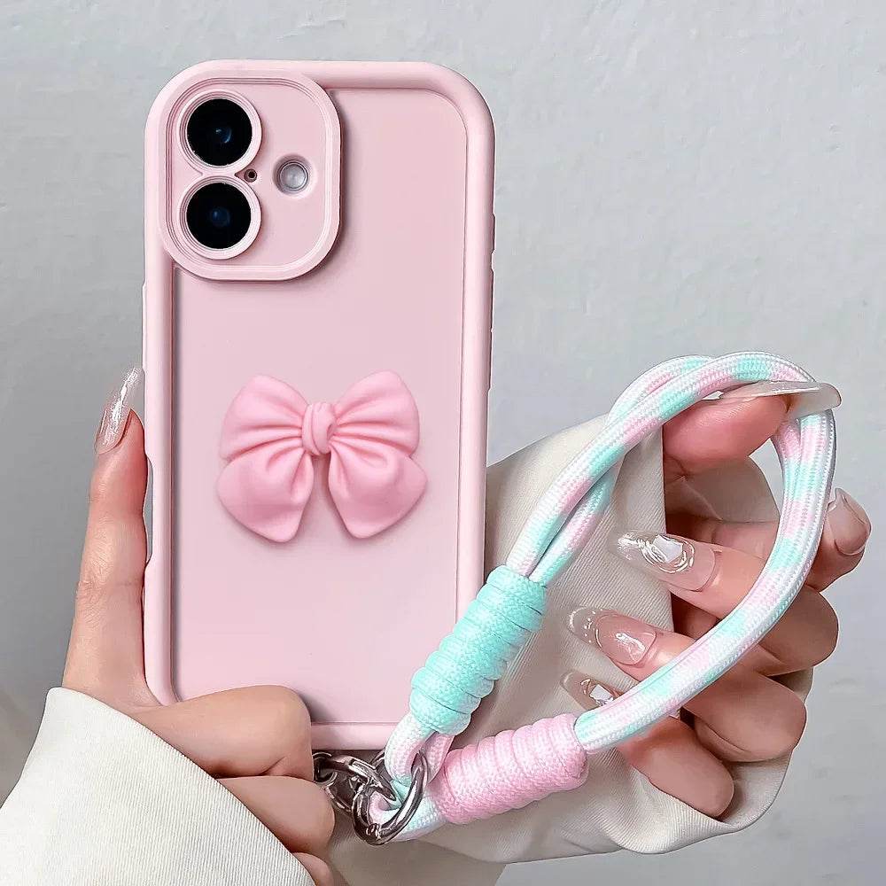 Cute Phone Cases For iPhone 16, 15, 14, 13, 12, 11 Pro MAX, XS Max, XR, 7, 8 Plus - Bowknot Lanyard - Soft Cover - PC1330 - Touchy Style