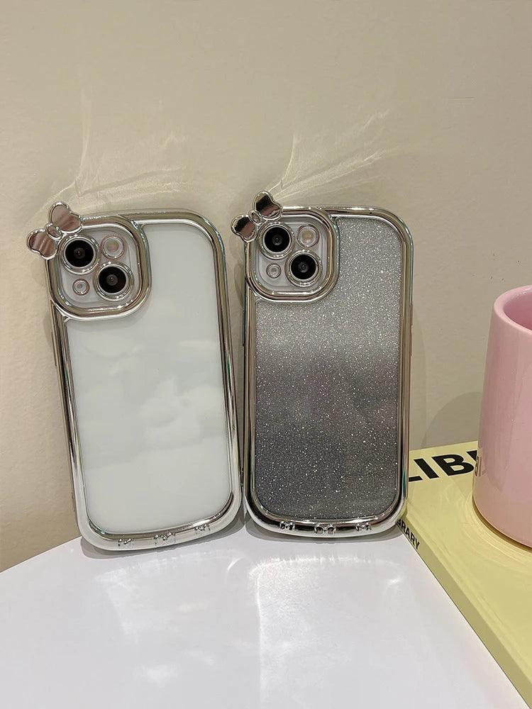 Cute Phone Cases For iPhone 11, 12, 13, 14, or 15 Pro Max - Plating Silver Bowknot - Transparent Cover - TSP257