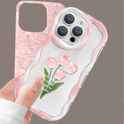 Cute Phone Cases For iPhone 11, 12, 13, 14, or Pro Max - Pink Tulip Shell Pattern, Flower Chain Lanyard - TSP432