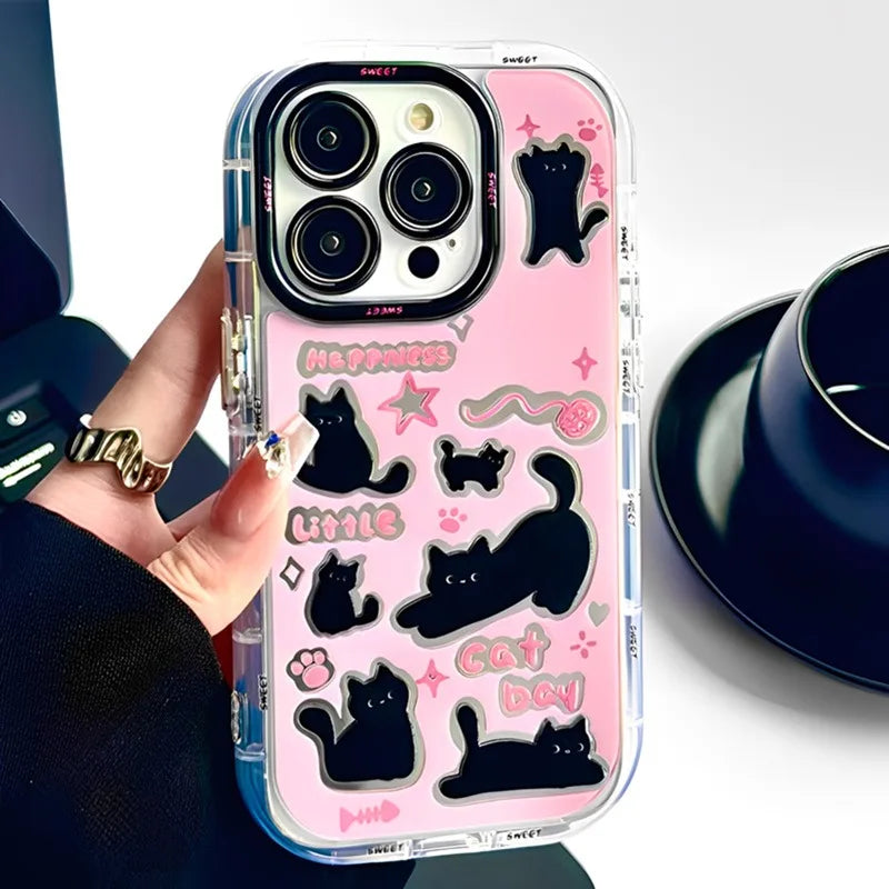 Cute Phone Cases for iPhone 15, 14, 13, 12, and 11 Pro Max - Black Cat - Acrylic Mirror - TSP280