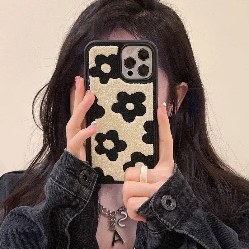 Winter Plush Cute Phone Cases for iPhone 16 15 14 13 Pro 12 11 7 8 X XR XS Max Black Flowers