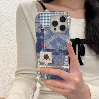 Cute Phone Cases For iPhone 16, 15, 14, 13 Pro Max - Splicing Denim Cloth Little Cat Pattern - Back Cover with Wrist Strap - PC6320