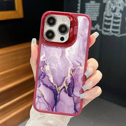 Cute Phone Cases For iPhone 16, 15 Pro Max, 14, 15 Plus, 13, 12 Pro Max, 11 - Lens Frame Holder - Purple Marble Printed Cover - PC6120 - Touchy Style