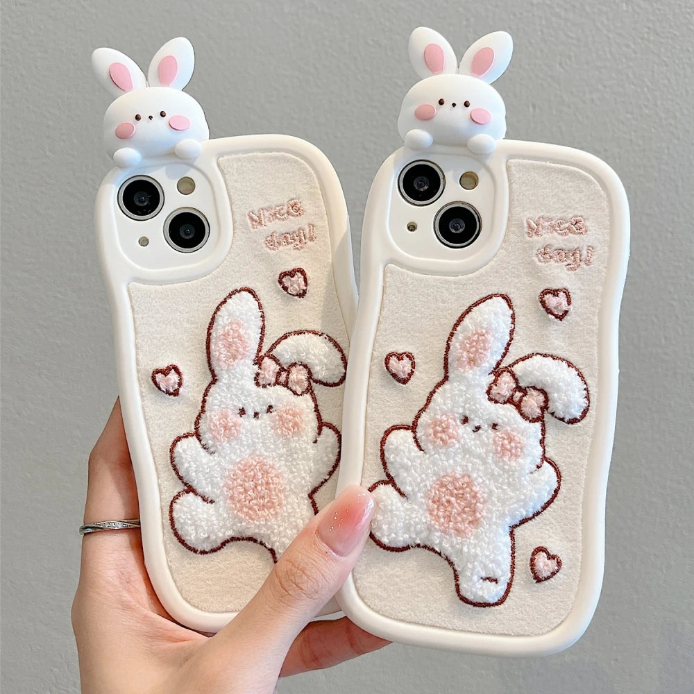 Cute Phone Cases - 3D Plush Rabbit Doll with Pearl Crossbody Strap for iPhone 11-15 Pro Max - TSP293