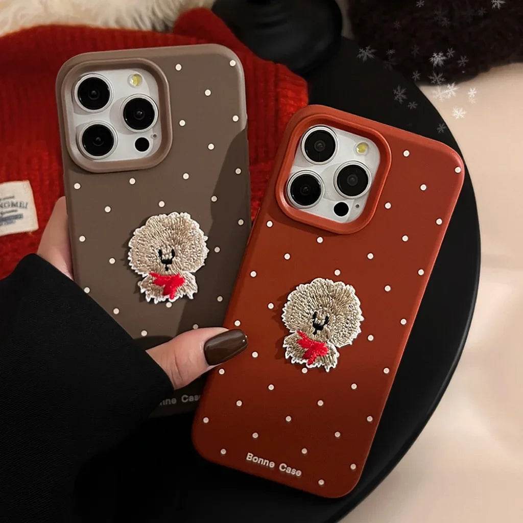 Cute Phone Cases For iPhone 16, 15, 14, 13, 12 Pro Max - Puppy with Scarf Embroidery Art - Cartoon Cover - CC1340 - Touchy Style