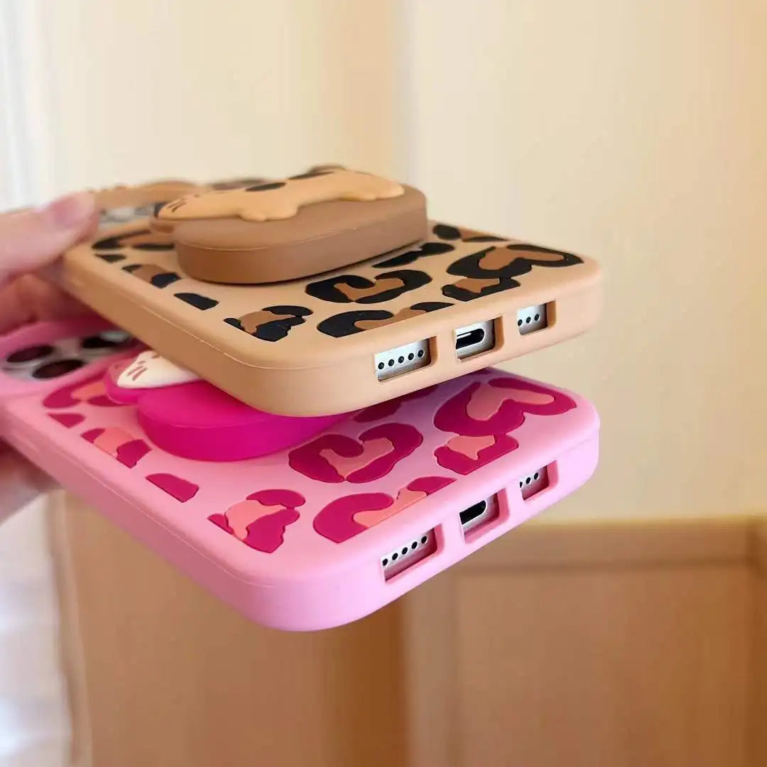 Cute Phone Cases - 3D Heart Leopard and Printed Cat Bracket - Cat Ears Kitten Camera Protection Cover - IC5021