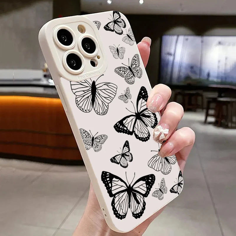 Cute Phone Cases For iPhone 16 15 Pro Max 14 Plus 13 12 Mini 11 - Black Butterfly Graphic Printing Back Cover