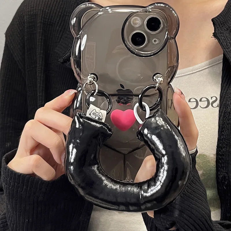 Cute Phone Cases for iPhone 14, 13, 12, 11 Pro Max, or XR - 3D Bear, Down Jacket Wristband - Transparent Cover - TSP447