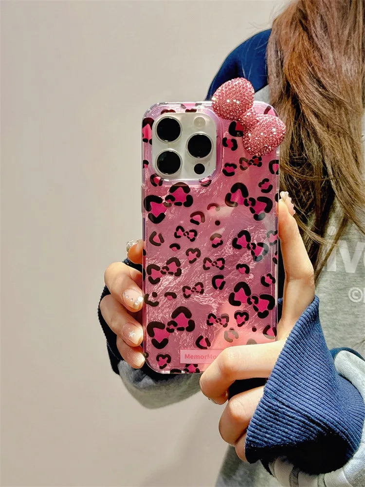 Cute Phone Cases: Stylish Leopard 3D Glitter Bow for iPhone 11-15 Pro Max - TSP317