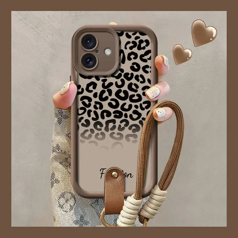 Cute Phone Cases For iPhone 7, 8 Plus, XR, XS Max, 11, 12, 13, 14, 15, and 16, including Pro and Pro Max models with Wrist Chain - Half Leopard Pattern - TSP491