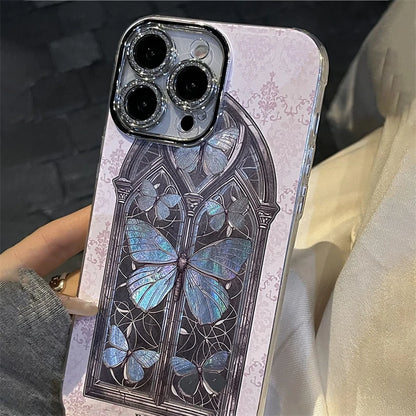 Cute Phone Cases for iPhone 12, 13, 14, and 15 Pro Max - Glitter Butterfly, Window Floral Back Cover - TSP460