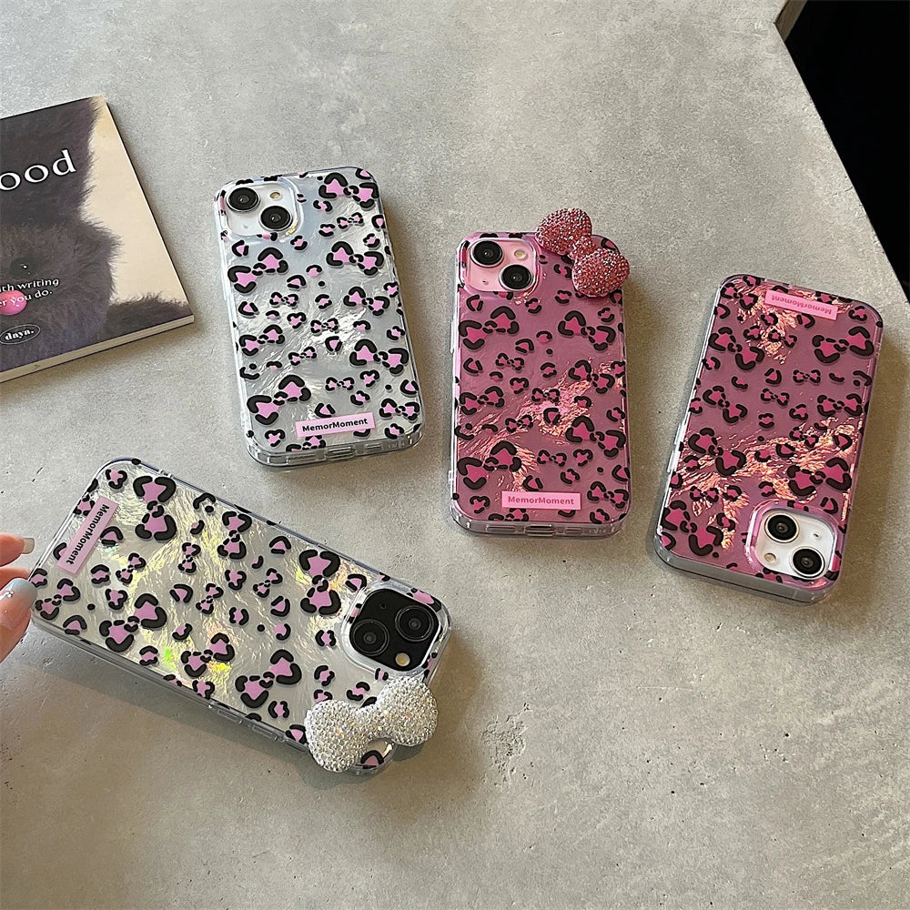 Cute Phone Cases: Stylish Leopard 3D Glitter Bow for iPhone 11-15 Pro Max - TSP317