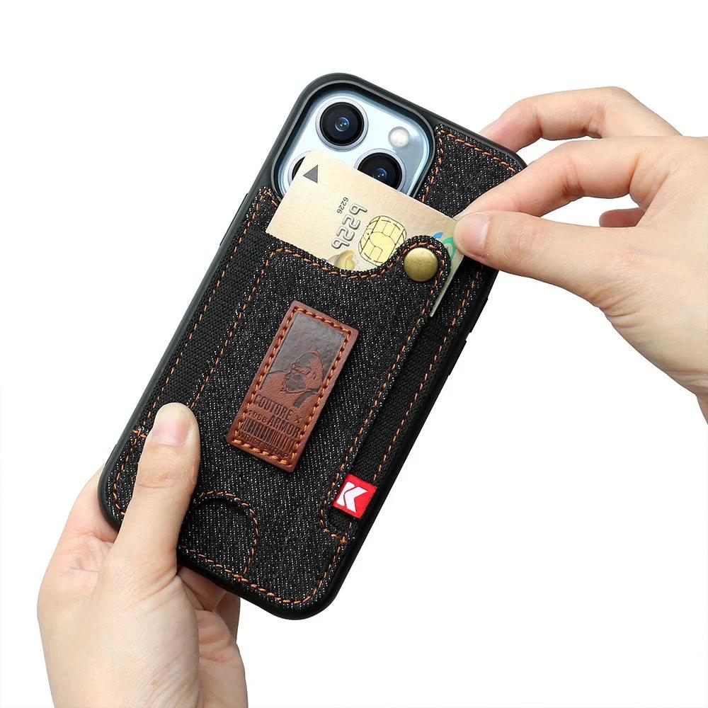 TSP81 Cute Phone Cases For iPhone 14 Pro Max, 13, and 12 Plus - With Card Pocket and Finger Holder - Denim Cover