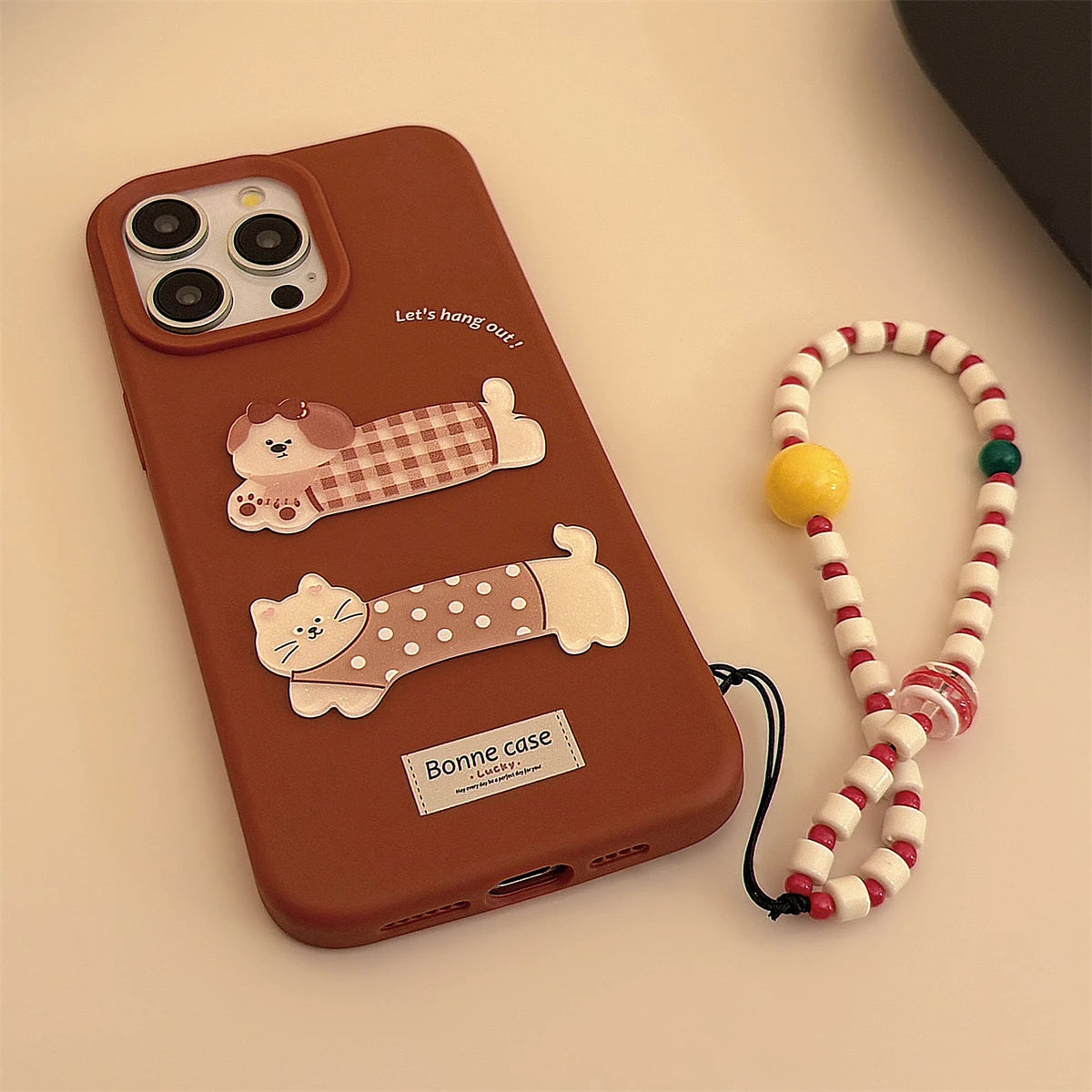 Cute Phone Case for iPhone 16, 15, 14, 13, and 12 Pro Models – Cartoon 3D Polka Dot Lattice Dog &amp; Cat – TSP437