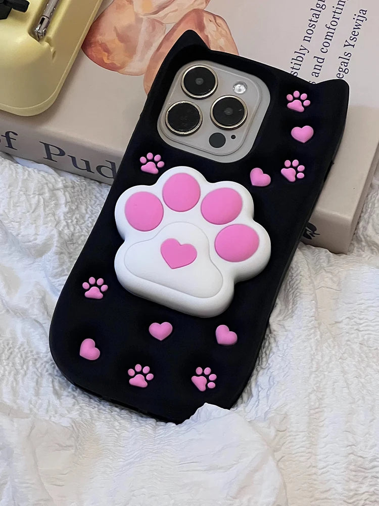 Cute Phone Cases: 3D Cat Paw Silicone Case with Stand for iPhone 15/14/13/12 Pro Max - TSP310