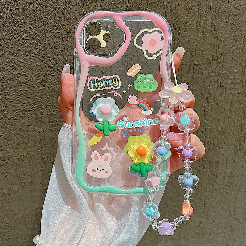 TSP181-B Cute Phone Cases For iPhone 15, 14, 13 Pro Max - With Cartoon Bracelet Chain, Transparent Cover