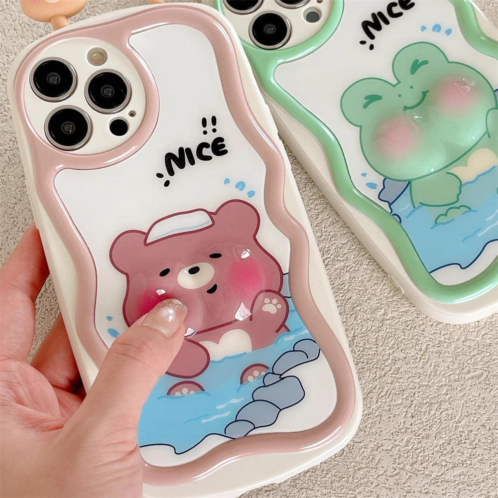 TSP88 Cute Phone Cases For iPhone 11, 12, 13, 14, 15 Pro Max - 3D Swimming Bear Frog Pattern - Wavy Cover