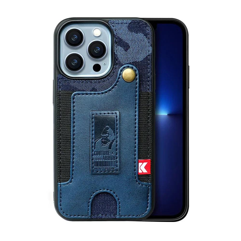 TSP81 Cute Phone Cases For iPhone 14 Pro Max, 13, and 12 Plus - With Card Pocket and Finger Holder - Denim Cover