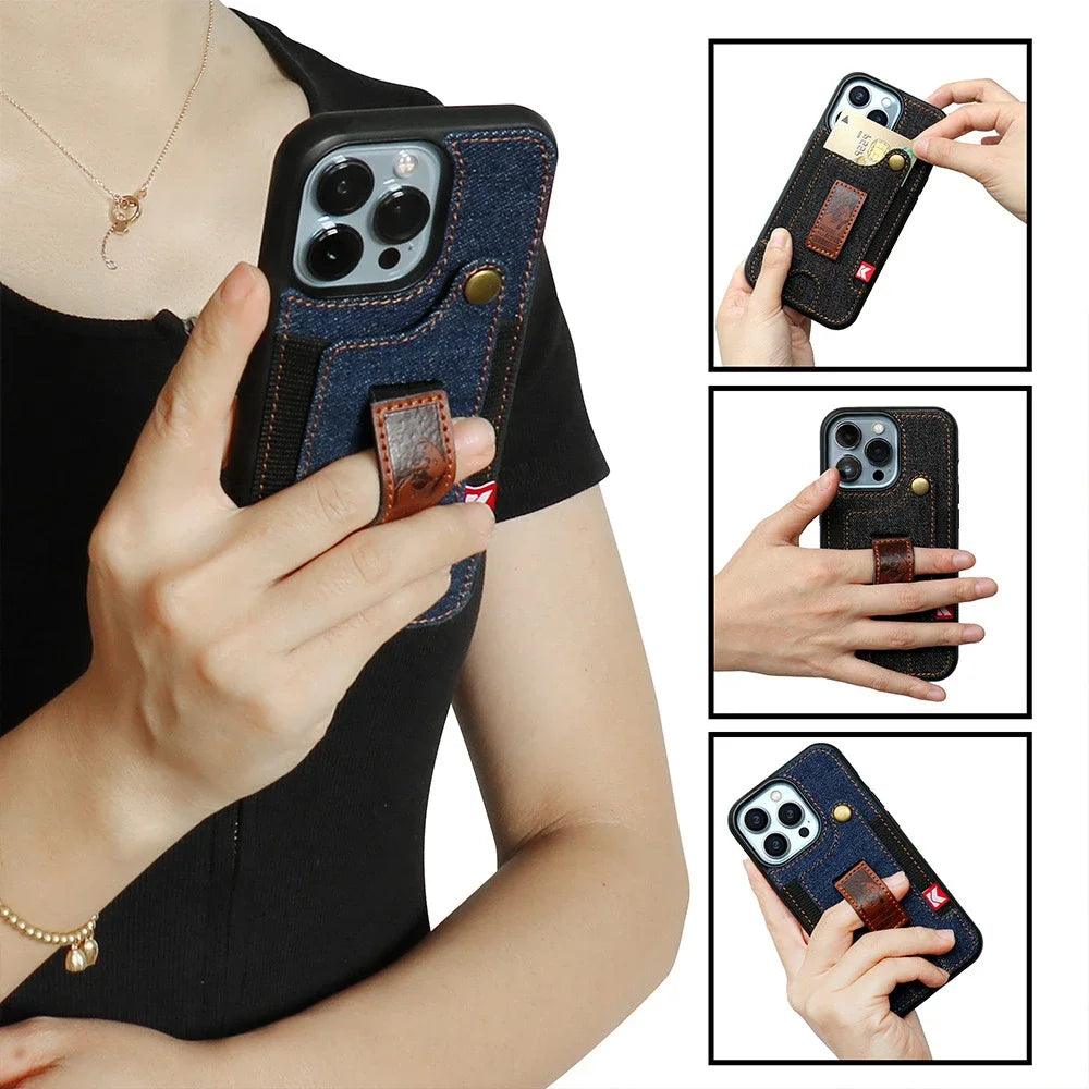 TSP81 Cute Phone Cases For iPhone 14 Pro Max, 13, and 12 Plus - With Card Pocket and Finger Holder - Denim Cover