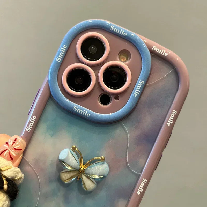 Cute Phone Cases For iPhone 16, 15, 14, 13, 12, and 11 Pro Max with Wrist Chain -3D Bow Butterfly Pattern - Ink and Wash Smudge Cover - TSP493