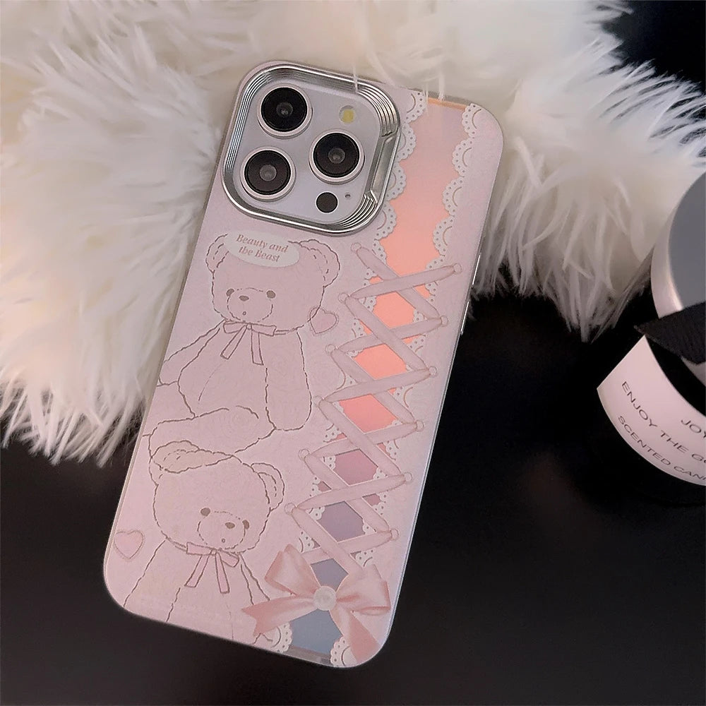 Cute Phone Cases For iPhone 15, 14, 13, 12 Pro Max, 14, 15 Plus, 11 - Cartoon Bear Bowknot Ribbon Pendant - PC5220