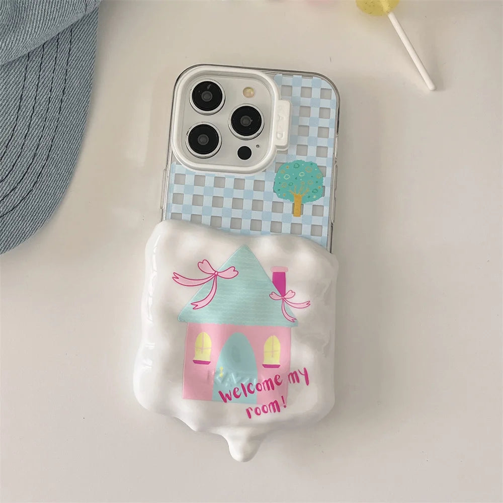 Cute Phone Cases for iPhone 15, 14, 13, and 12 Pro Max - 3D Melted Ice Cream 2-in-1 Blue Plaid House - TSP336