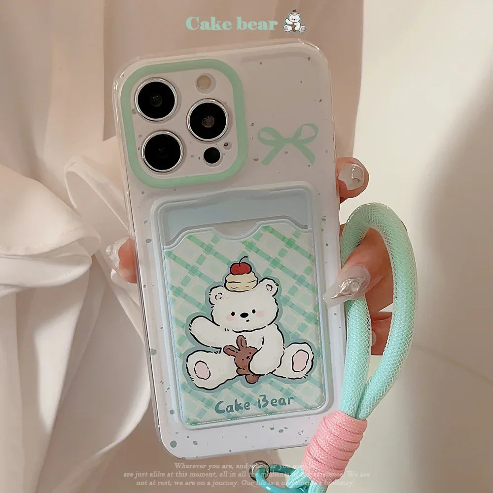 Cute Phone Cases For iPhone 16, 15, 14, 13 Pro Max, Xr, 15, 14, 16 Plus - Cherry Cake Bear Doll - Green plaid Photo Card Holder - IC5320 - Touchy Style