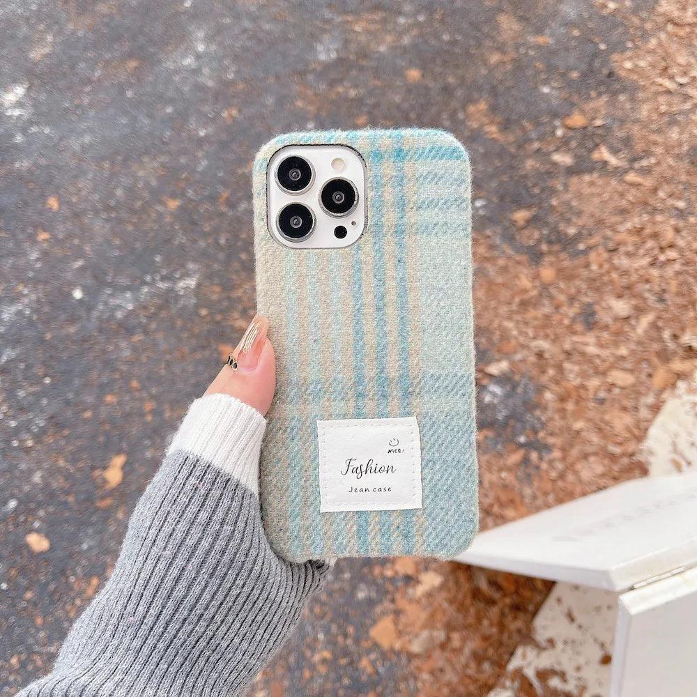 TSP80 Cute Phone Cases For iPhone 15, 11, 14 Pro Max, and 13, 12 - Stylish Woolen Plush Plaid Cover