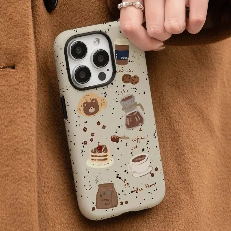 Cute Phone Cases For iPhone 16ProMax, 15, 14, 13, 12, 11 PRO, 11 Plus - Food Collage and Cartoon Bear - Acrylic TPU Cover - IC8150