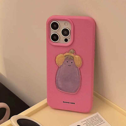 Cute Phone Cases For iPhone 16, 15, 13, 14, 12 Pro Max, 16 Plus - 3D Eggplant with Happy Smile - PC5210 - Touchy Style