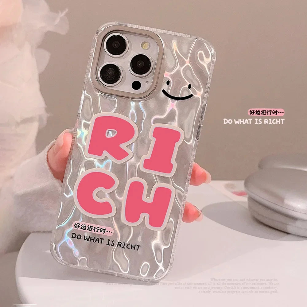 Cute phone Cases For iPhone 15, 14, 13, 12 Pro Max, 15 14 Plus - Pink Good Luck Rich Letters, Water Ripple Art Cover - IC7011