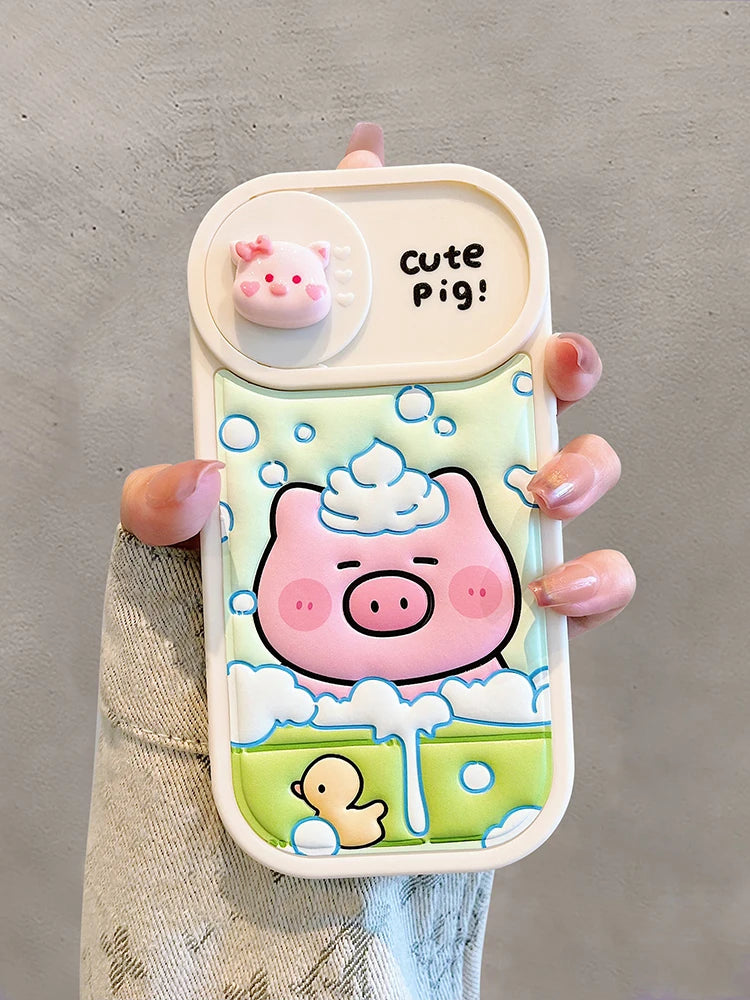 Cute Phone Cases: Cartoon Pig Lens Protector Case with Bracelet for iPhone 15/14/13/12 Pro Max - TSP314