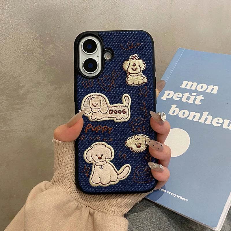 Cute Phone Cases For iPhone 16 Pro Max, 15, 13, 14, 12, 11 - Cartoon Embroidered Dog - Fabric Back Cover - PC9410 - Touchy Style