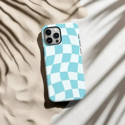 Cute Phone Cases For iPhone 16ProMax 15 14 13 12 11 PRO Plus - Blue Retro Wavy Checkered Pattern - Acrylic TPU Cover