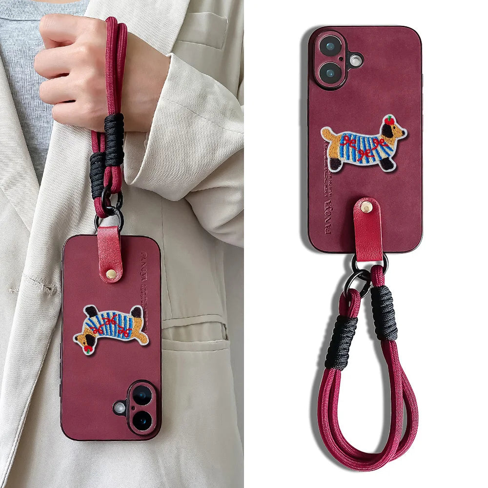 Cute Phone Cases For iPhone 16, 15, 14, 13, 11, 12, Pro Max, Plus, Xs Max, and XR with Wrist Chain or Lanyard - 3D Embroidery Dog - TSP488