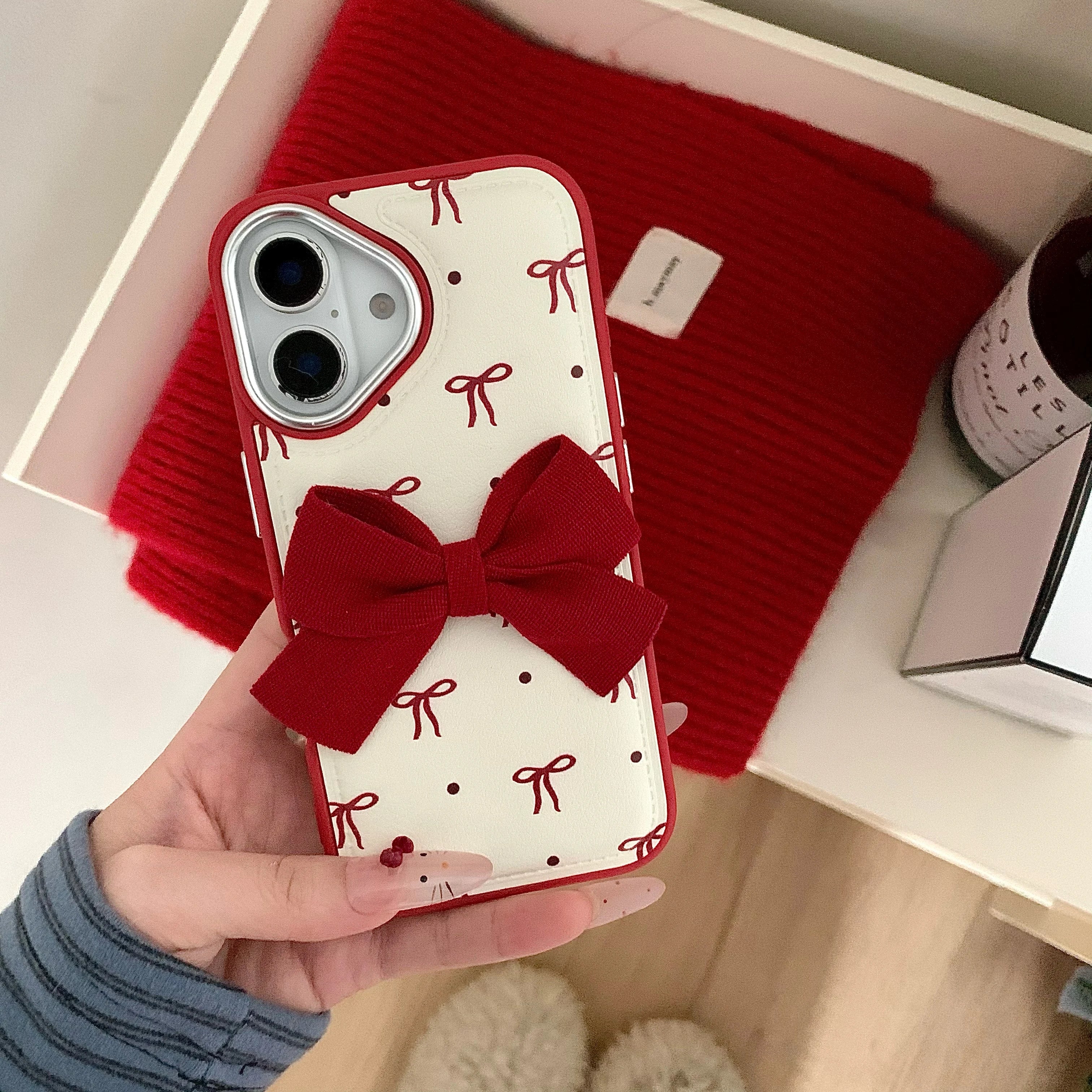 Cute Phone Cases - Leather Texture Red Bowknots - Vintage Back Cover for iPhone 16 15 14 13 Pro Max