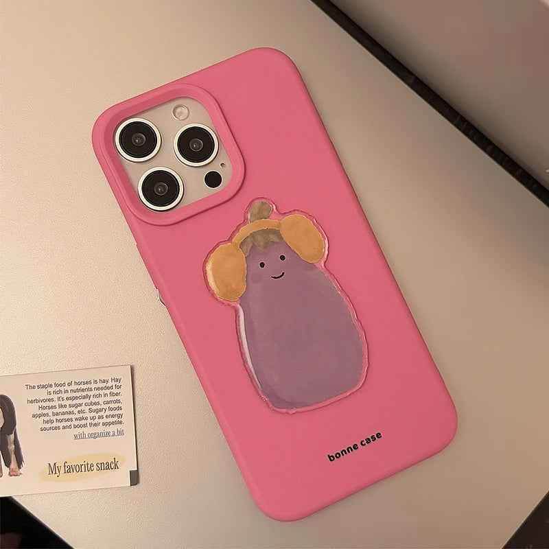 Cute Phone Cases For iPhone 16, 15, 13, 14, 12 Pro Max, 16 Plus - 3D Eggplant with Happy Smile - PC5210 - Touchy Style