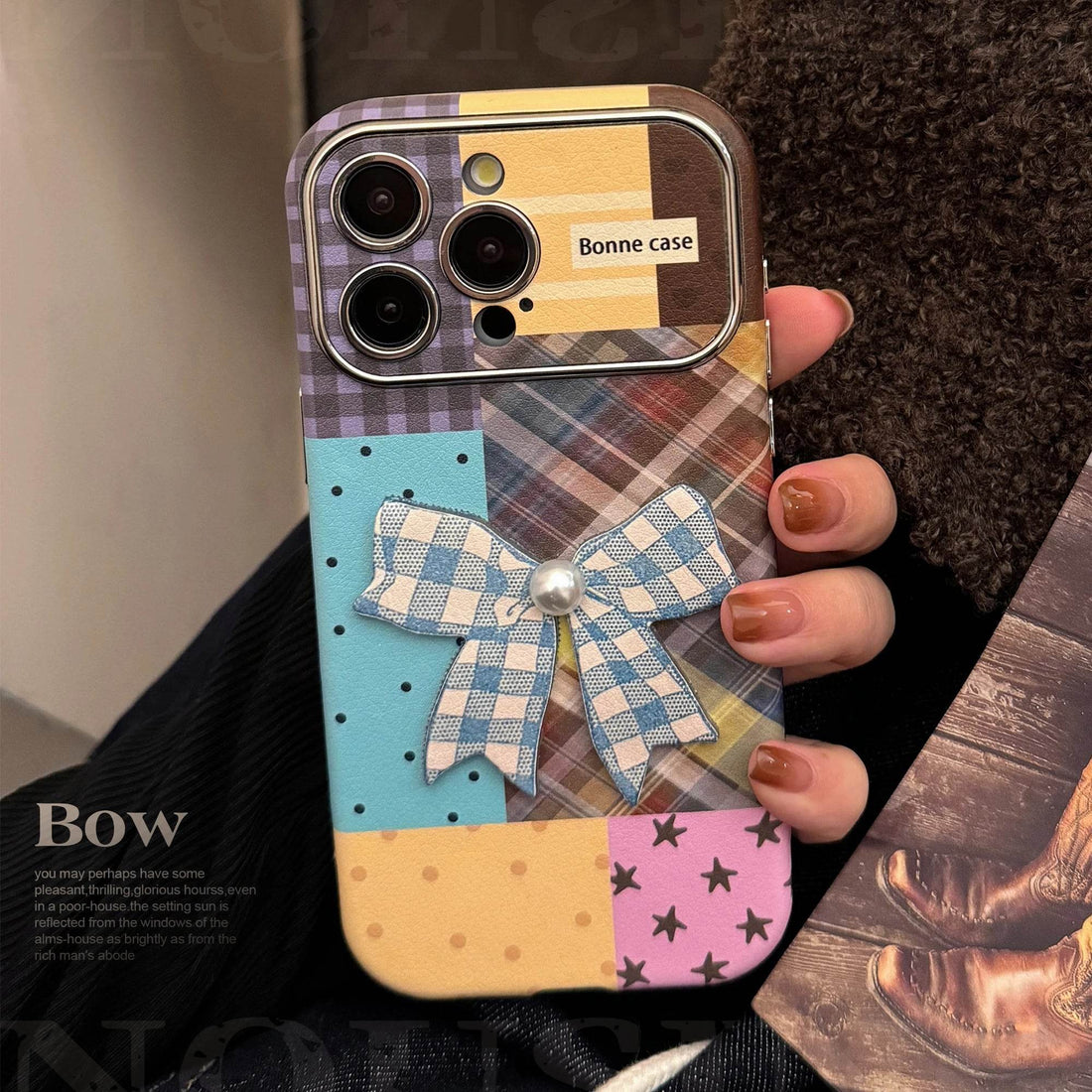 Cute Phone Cases iPhone 16, 15, 14, 13 Pro Max - Leather Texture Splicing Checker Bowknot Sticker Cover - PC3550 - Touchy Style