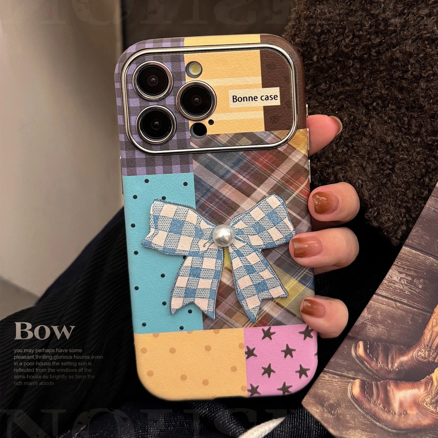 Cute Phone Cases iPhone 16, 15, 14, 13 Pro Max - Leather Texture Splicing Checker Bowknot Sticker Cover - PC3550