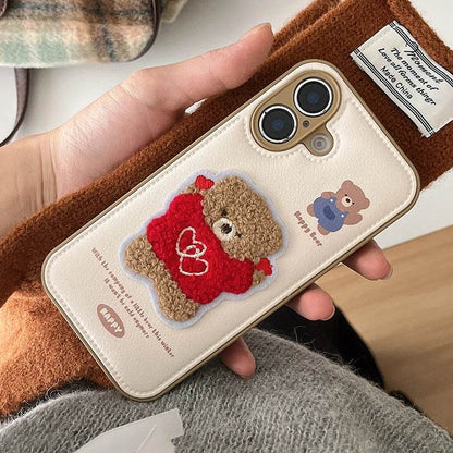 Cute Phone Cases For iPhone 16 Pro Max, 15, 13, 14 - Embroidered Heart &amp; Bear Pattern - Leather Cover - PC1421 - Touchy Style