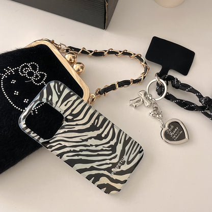 Cute Phone Cases iPhone 16, 15, 14, 13 Pro Max - Double Layers Zebra Pattern - Black Heart Wrist Chain - PC1420