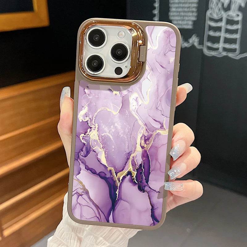 Cute Phone Cases For iPhone 16, 15 Pro Max, 14, 15 Plus, 13, 12 Pro Max, 11 - Lens Frame Holder - Purple Marble Printed Cover - PC6120 - Touchy Style