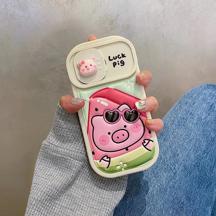 Cute Phone Cases: Cartoon Pig Lens Protector Case with Bracelet for iPhone 15/14/13/12 Pro Max - TSP314