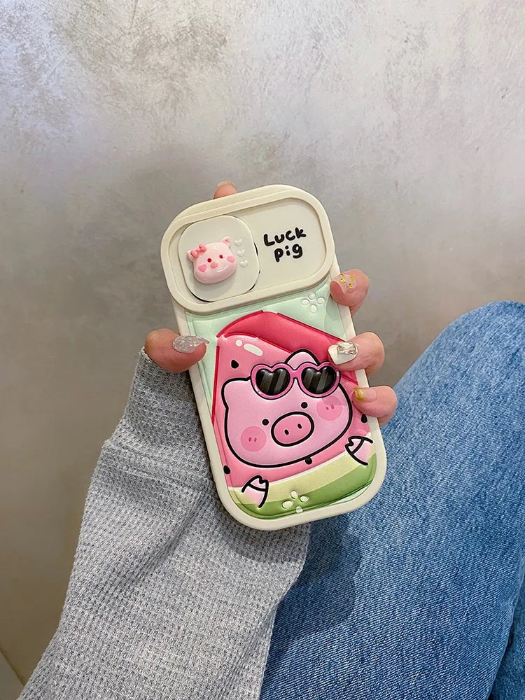 Cute Phone Cases: Cartoon Pig Lens Protector Case with Bracelet for iPhone 15/14/13/12 Pro Max - TSP314