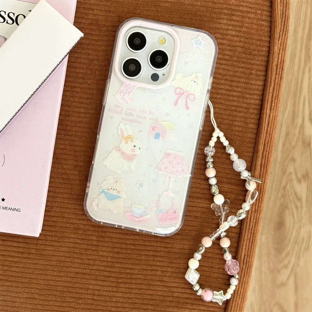 Cute Phone Cases For iPhone 13, 14, 15, and 16 Pro Max - Rabbit, Dog, Star, Soft Chic Cover with Wristband - TSP441