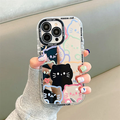 Cute Cat Plating Mirror Painted Lines Phone Case for iPhone 11, 12, 13, 14, 15 Pro, and Pro Max