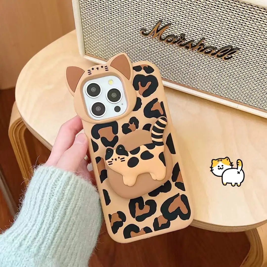 Cute Phone Cases - 3D Heart Leopard and Printed Cat Bracket - Cat Ears Kitten Camera Protection Cover - IC5021